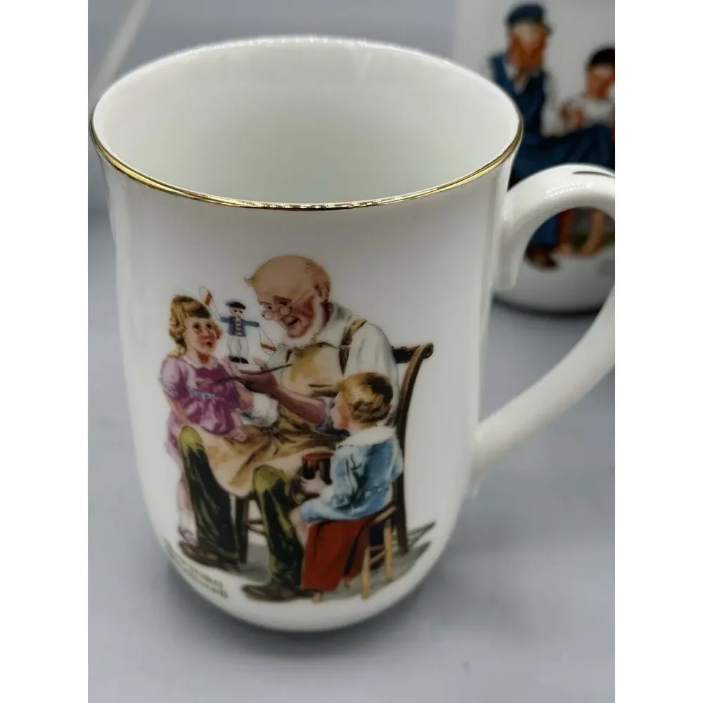 Set 5 Norman Rockwell Museum Coffee Mugs Japan Gold Rim Vintage Cups